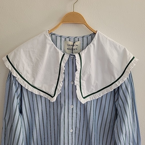 Damson Madder Barbara Steifen Pajama Top 14 Blue Green Stripe Organic Cotton - Picture 5 of 13